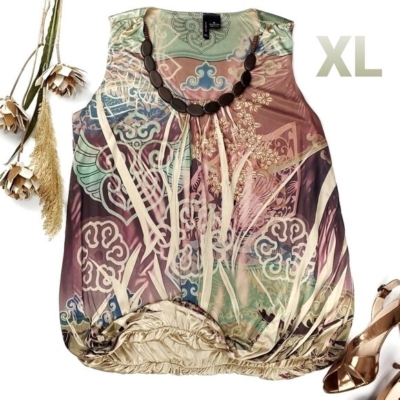 New Gold Multicolored Boho Beaded Blouse XL - Picture 1 of 16